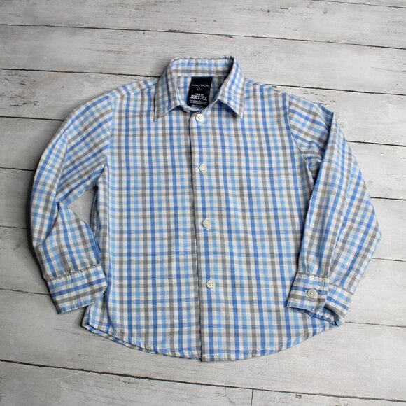 Nautica Boy Button Up Dress Shirt Size 4T 4 Blue White Gray Check - Picture 1 of 5